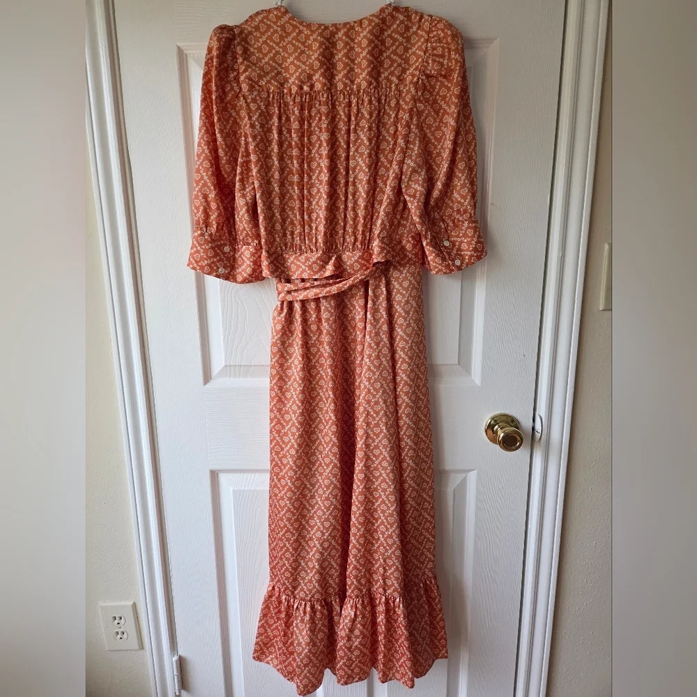 SANDRO Enrika Puff Sleeve Wrap Dress S Heart Print Orange $415 Romantic Luxury - Picture 8 of 12